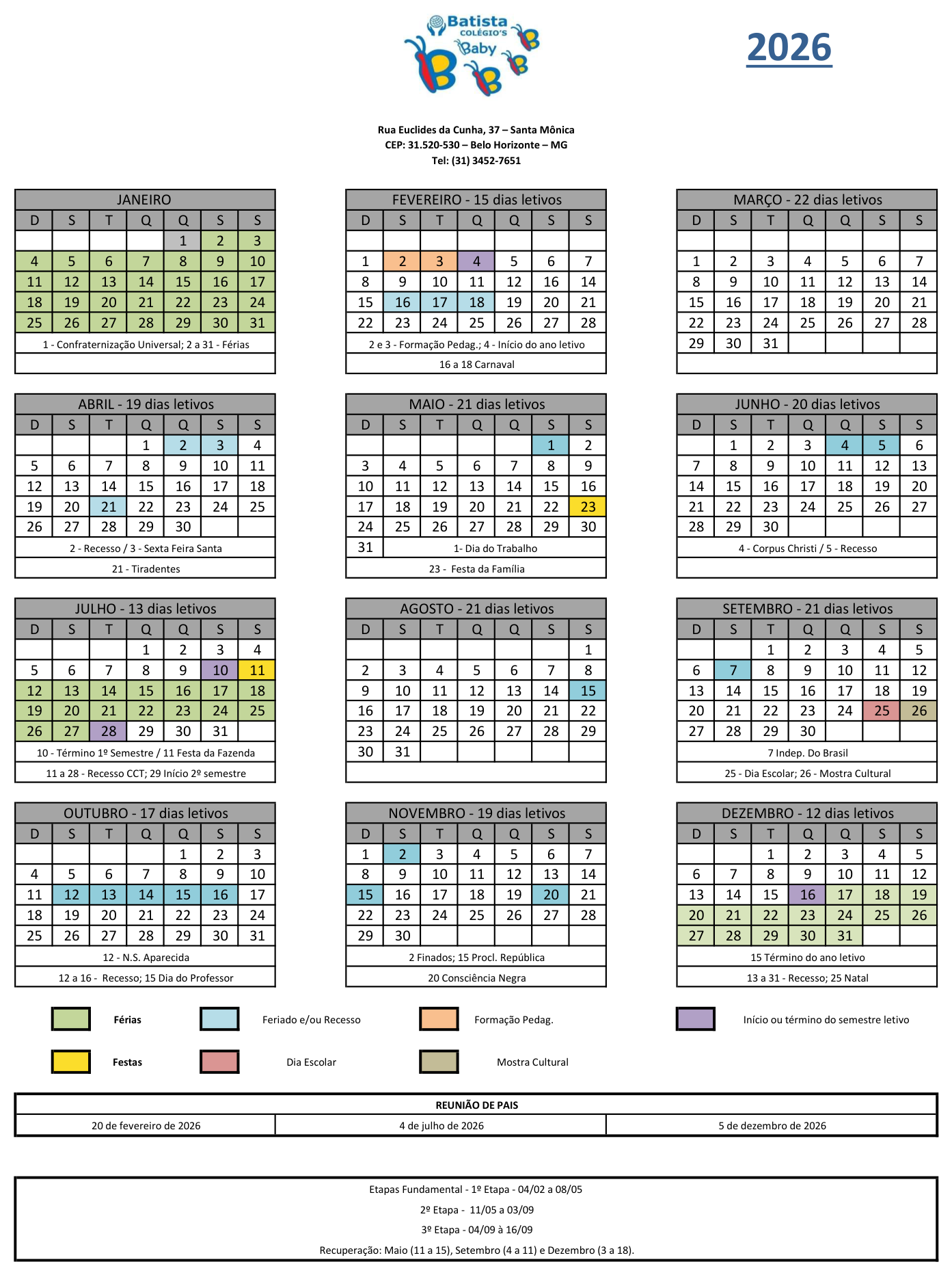 Calendário Escolar 2026 — Educação Infantil — Batista Colégio's